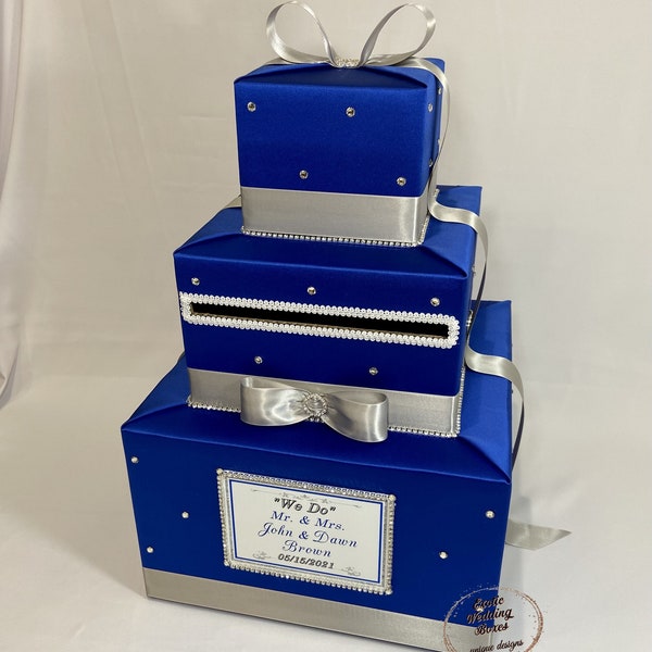 Royal Blue and Silver Wedding Card Box-Rhinestone accents