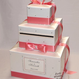 Ivory and Coral Card Box with Rhinestone/ Bling accents