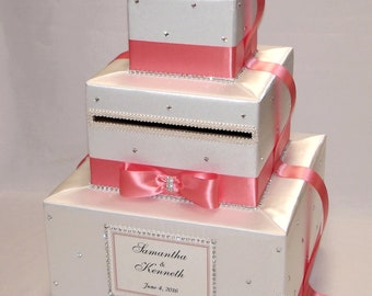 Ivory and Coral Card Box with Rhinestone/ Bling accents