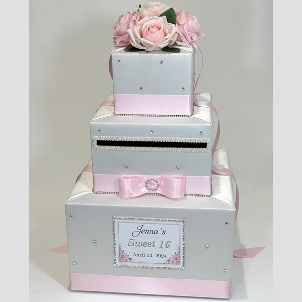 Ivory and Light Pink Card Box-Pink Roses-rhinestones