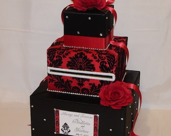 Black and Red Damask Wedding Card Box-Rhinestone accents-Red Roses