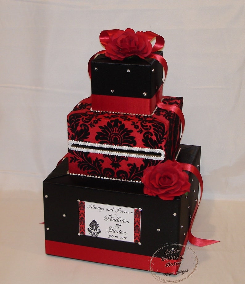 Black and Red Damask Wedding Card Box-Rhinestone accents-Red Roses image 1