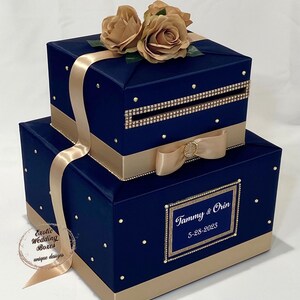 Navy Blue & Champagne Gold Card Box | Personalized Wedding Card Holder ...