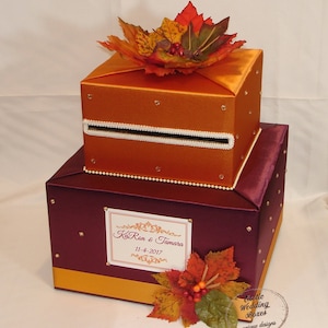 Boîte pour cartes sur le thème automne/automne - Bourgogne et orange brûlé - strass or-Feuilles d'automne