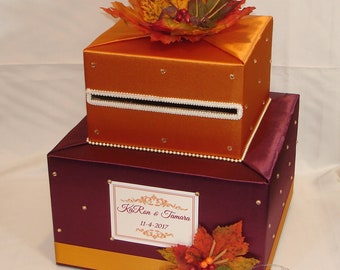 Fall/Autumn theme card box- Burgundy and Burnt Orange-Gold Rhinestones-Fall leaves