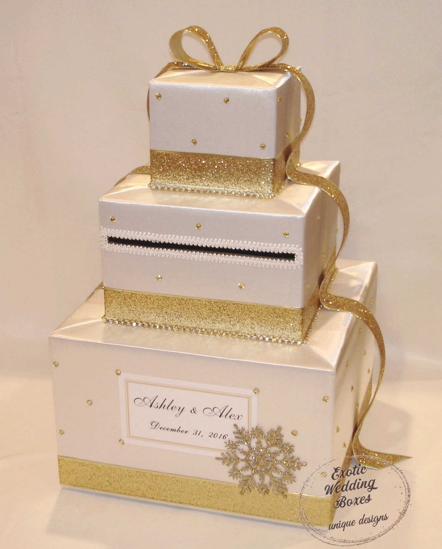 Ivory and Gold Snowflakes Winter theme Card Box for Wedding Sweet 16 Quinceanera Birthday Party