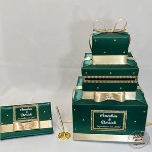 Emerald Green and Champagne Card Box with matching Guest Book and Pen