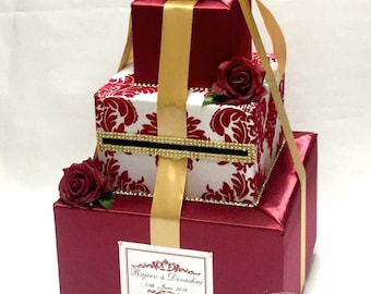 Red Damask Card Box Gold accents-Red Roses