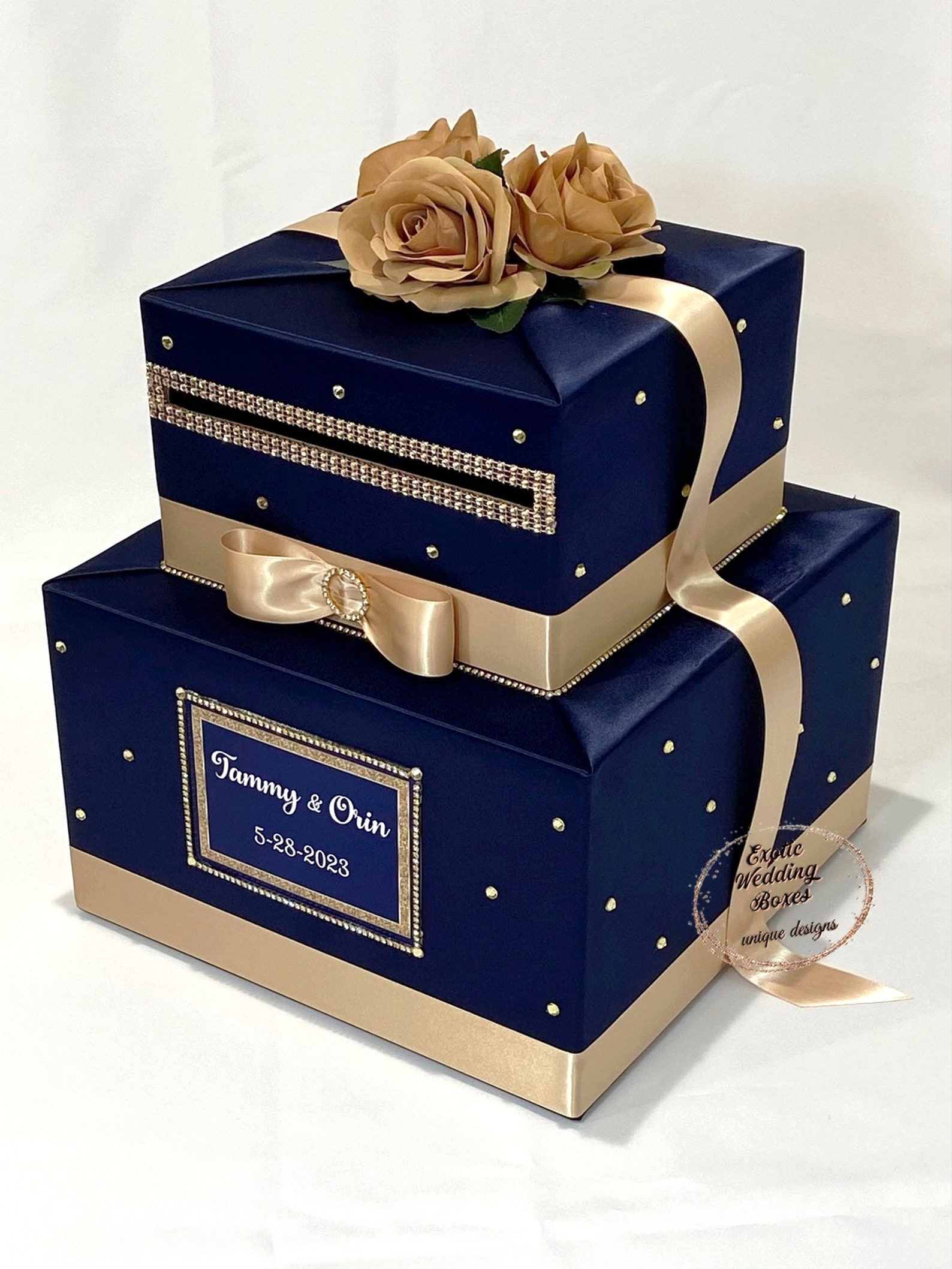 Navy Blue & Champagne Gold Card Box | Personalized Wedding Card Holder ...