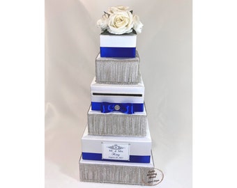 6 Tier White and Royal Blue Wedding Card Box with Rhinestone Fringe and White Roses