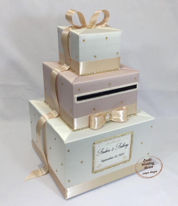 Elegant Custom made Ivory/Champagne Wedding Card Box- Gold Rhinestones