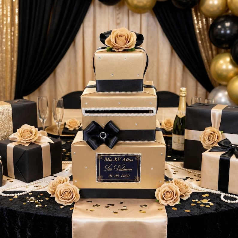 Champagne and Black Wedding Card Box-rhinestone Accents - Etsy