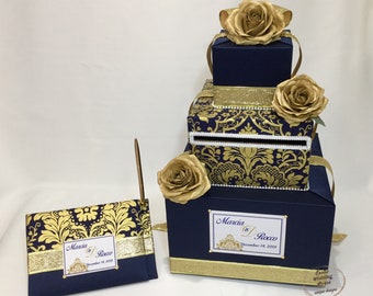 Scatola per biglietti di matrimonio blu navy e oro, portacarte e libro per gli ospiti con penna, rose dorate