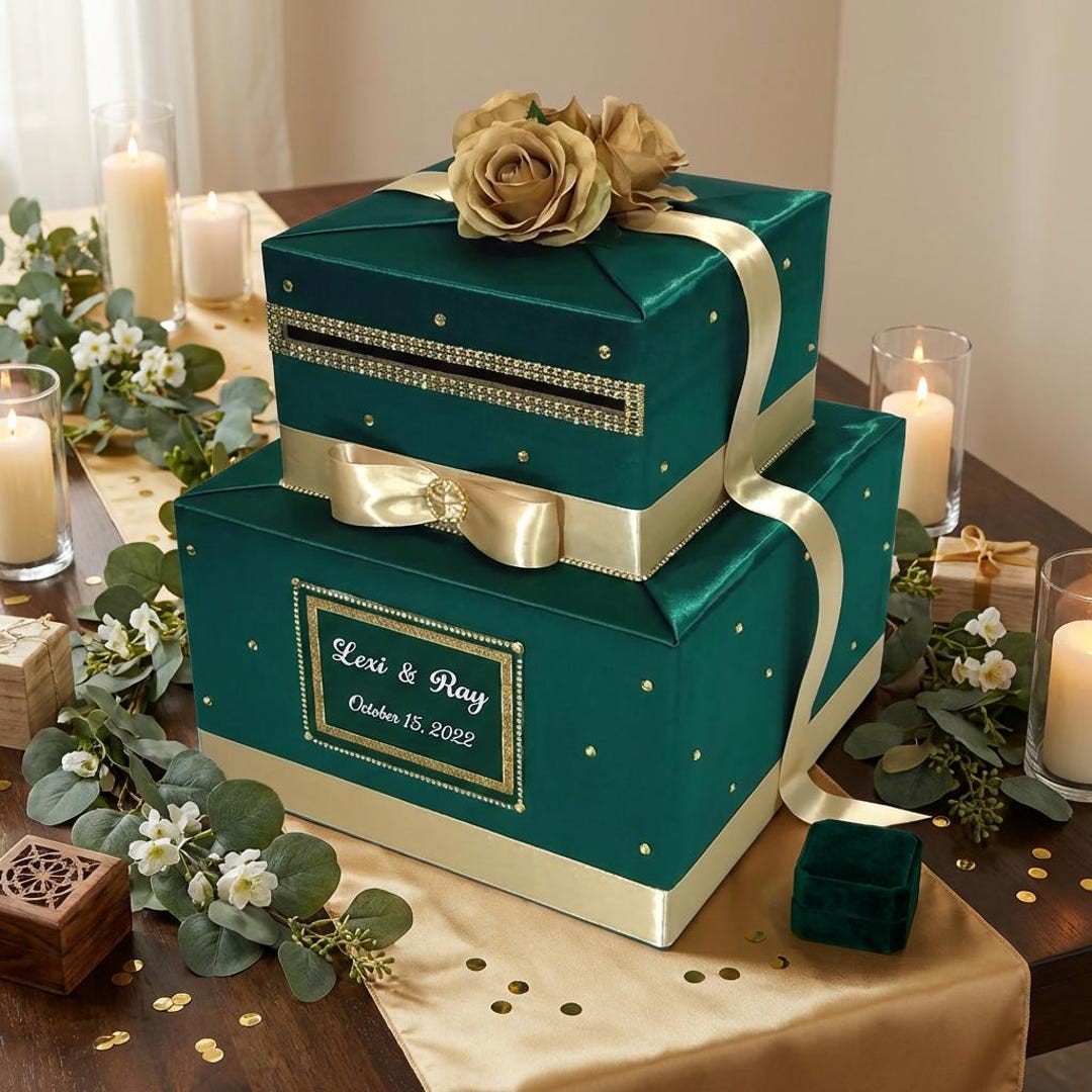 Emerald Green Wedding Card Box, Champagne Gold Roses & Rhinestones - Etsy