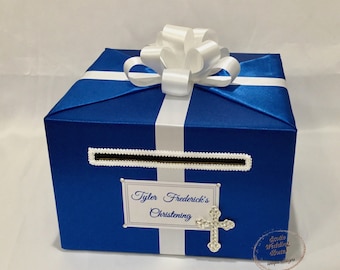 Royal Blue and White Card Box for Christening, Baptism, Religious Events