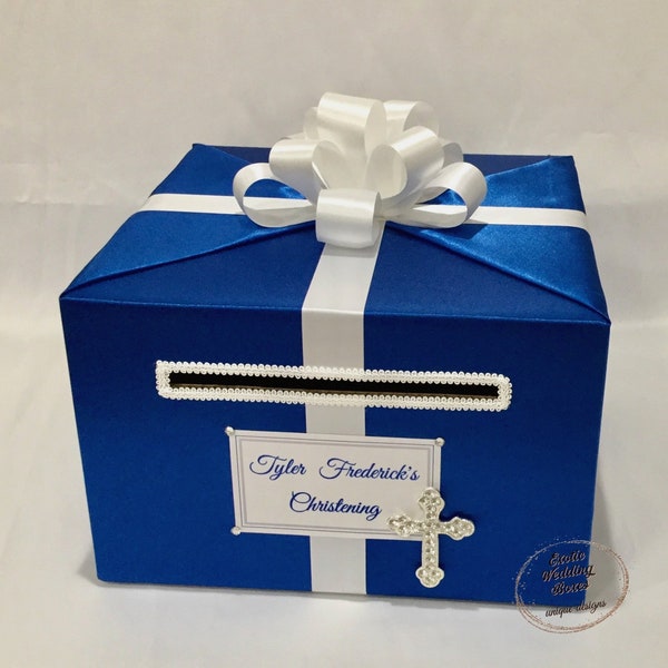 Royal Blue and White Card Box for Christening, Baptism, Religious Events