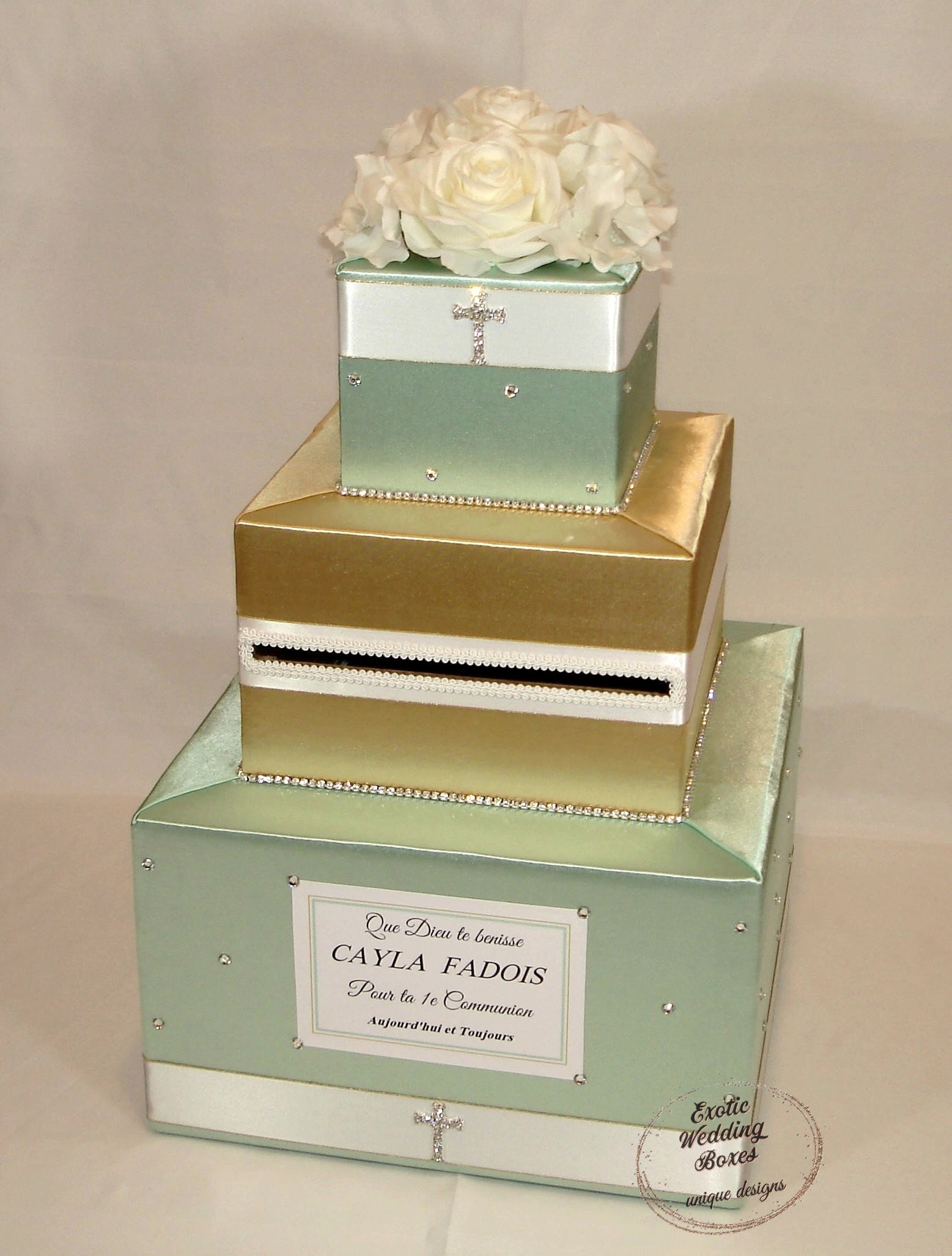 Mint Green White and Gold BaptismChristeningHoly Communion Card Box with Rhinestone Cross and Flower Topper