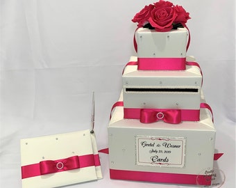 Hochzeitskartenbox in Elfenbein und Pink und passendes Gästebuch