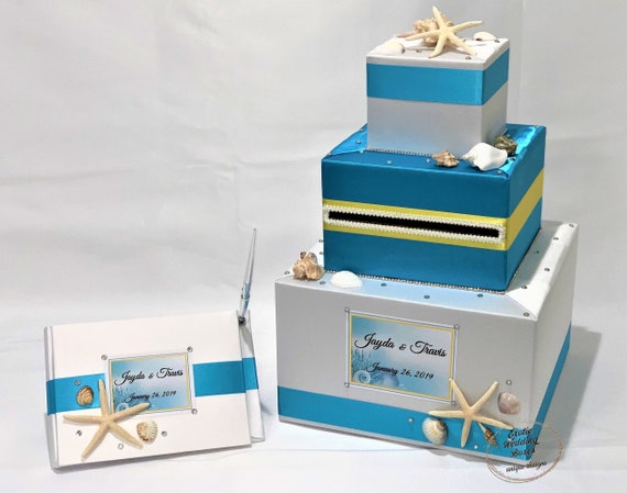 Beach Theme Wedding Card Box And Matching Guest Book With Pen Sea Shells Starfish Rhinestones