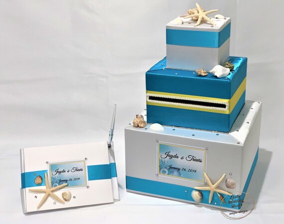 Beach Theme Wedding Card Box And Matching Guest Book With Pen Sea Shells Starfish Rhinestones