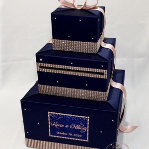 Navy Blue and Rose Gold Wedding Card Box, Card Holder with Rose Gold Rhinestones