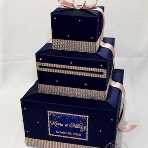 Marineblau und Roségold-Hochzeitskartenbox, Kartenhalter mit Roségold-Strasssteinen