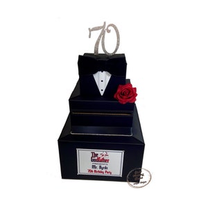Caja de tarjetas con temática de El Padrino, fiesta temática de caballeros, esmoquin