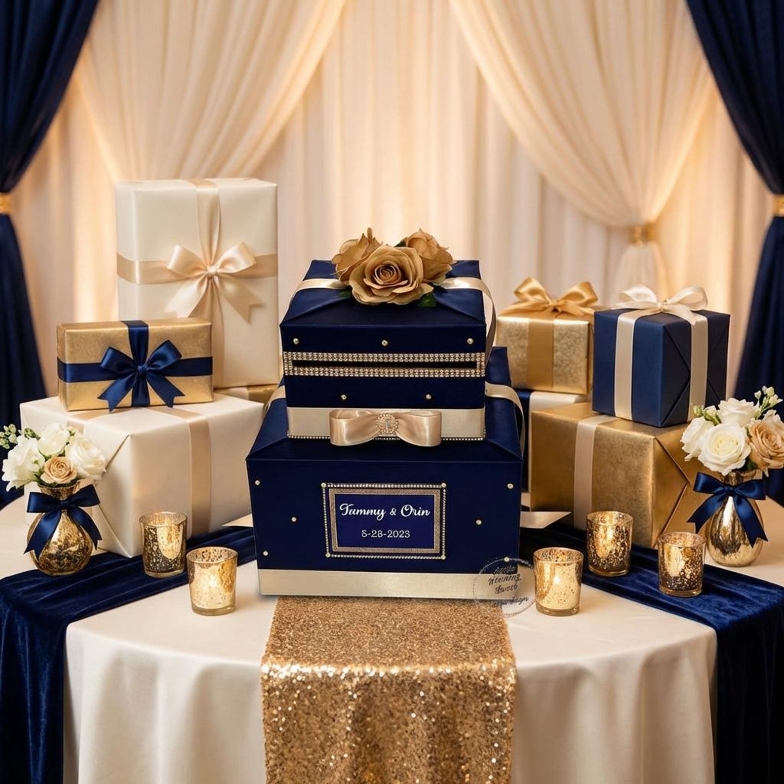 Navy Blue & Champagne Gold Card Box | Personalized Wedding Card Holder ...
