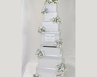 7 Tier White Wedding Card Box, White Lace, Baby Breath, Pearls