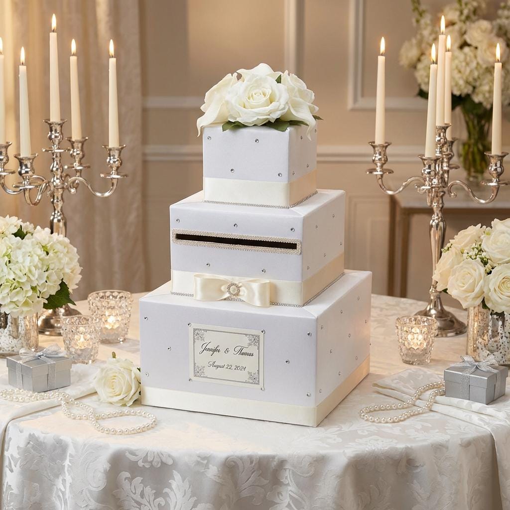 Elegant White Rose Wedding Card Box | Stacked Gift Card Holder - Etsy