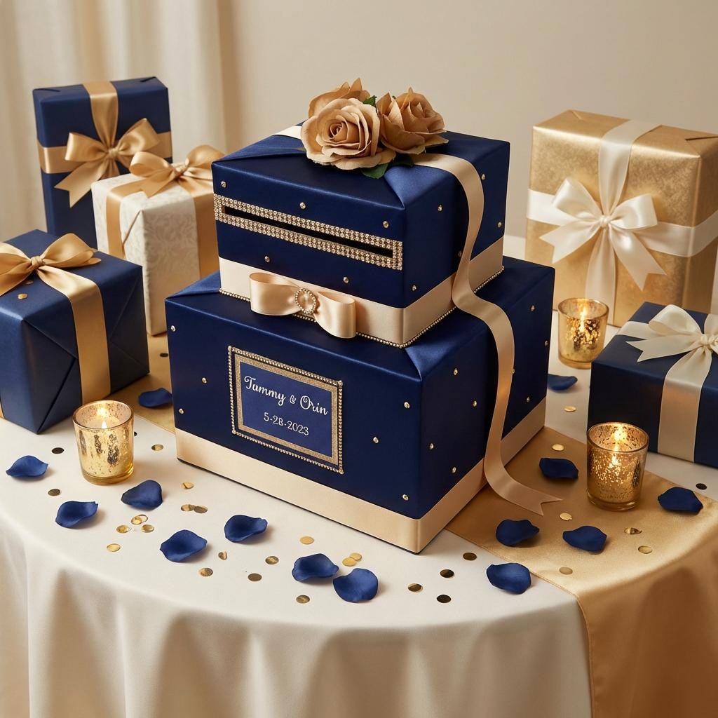 Navy Blue & Champagne Gold Card Box | Personalized Wedding Card Holder ...