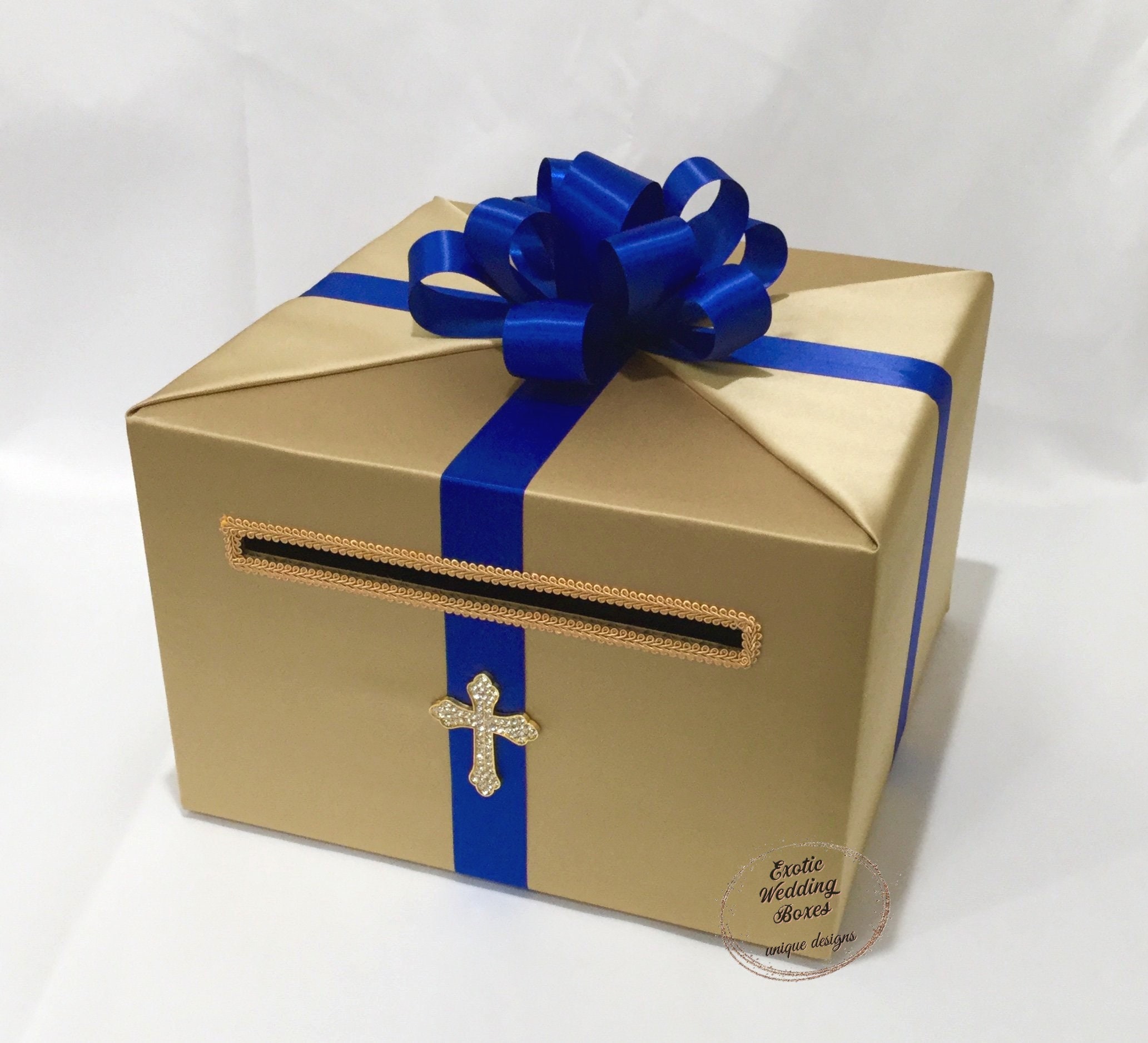 Gold and Royal Blue Card Box for Baptism Christening First Communionetc