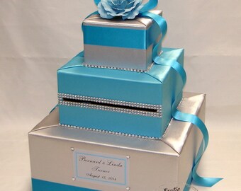 Silver and Turquoise Card Box -Rhinestone accents