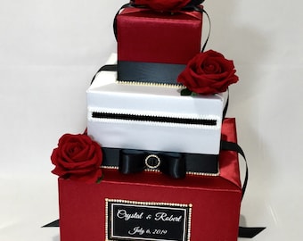 Red, Black and White Wedding Card Box with Gold Rhinestones and Red Roses