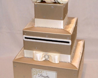 Champagne and Ivory Wedding Card Box with Pale color Silk Flowers