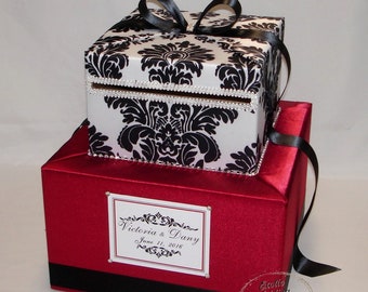 Crimson RED and BLACK and WHITE Damask Card Box