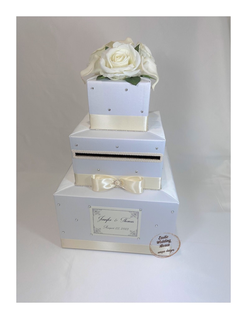Elegant White Rose Wedding Card Box | Stacked Gift Card Holder - Etsy
