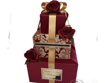 Burgundy and Gold Damask Wedding Card Box, Burgundy Roses, Gold Rhinestones