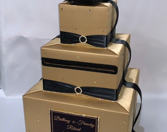 Black and Gold Wedding Card Box with Black Rose and Gold Rhinestones