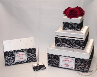 White with Black Lace and Red Roses Wedding Card Box-Guest Book and Pen set-rhinestones all over