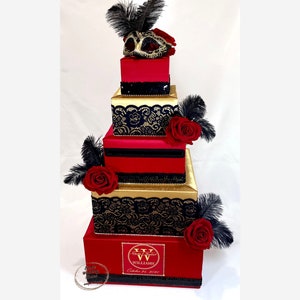 Masquerade Theme Card Box, Masquerade Wedding , Red, Black and Gold Masquerade themed Card Holder Box