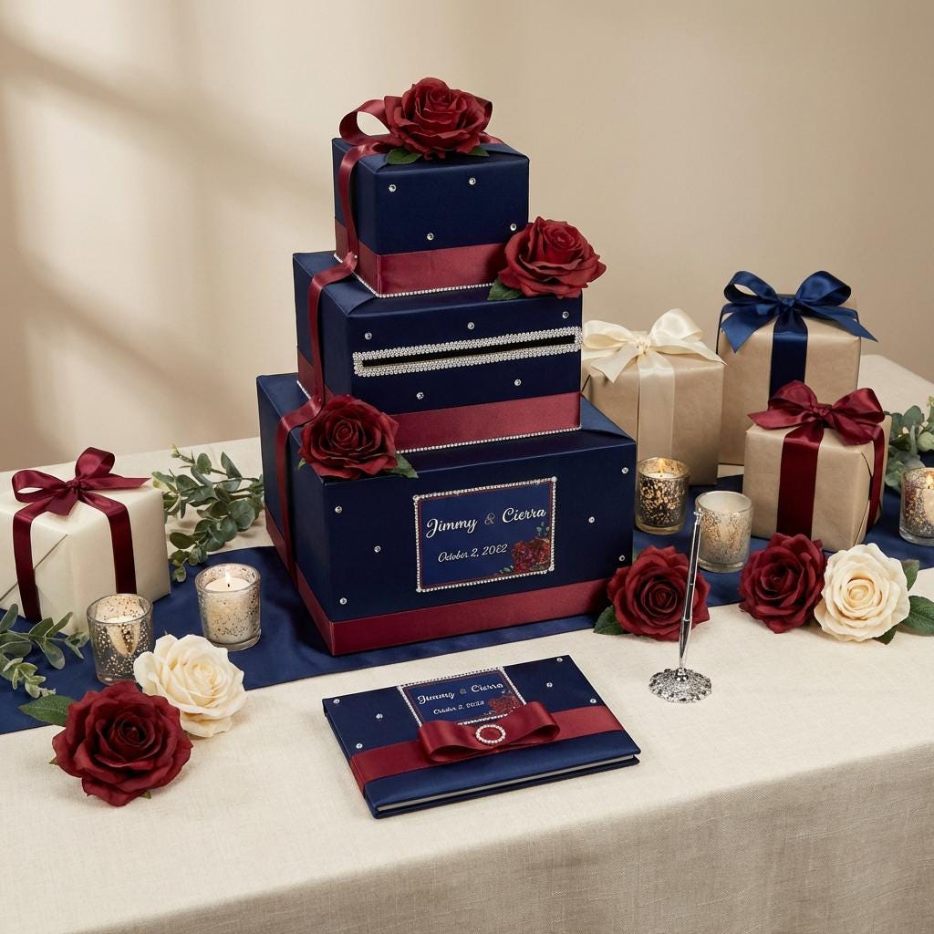 Navy Blue & Burgundy Wedding Card Box | Guest Book and Pen - Etsy