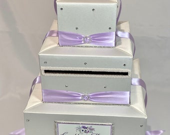 Ivory and Lavender Wedding Card Box with Rhinestones