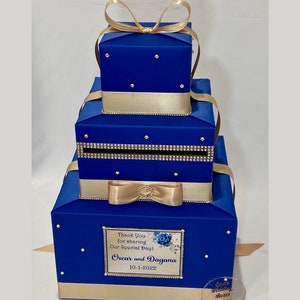 Royal Blue en Champagne Gold Card Box voor bruiloften, Royal Blue en Champagne Sweet Sixteen, Quinceanera