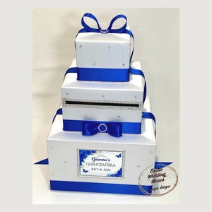 Boîte en carton blanche et bleu roi, Quinceanera blanc et bleu roi, Sweet Sixteen, Bar Mitzvah, Mariage, Shower de bébé