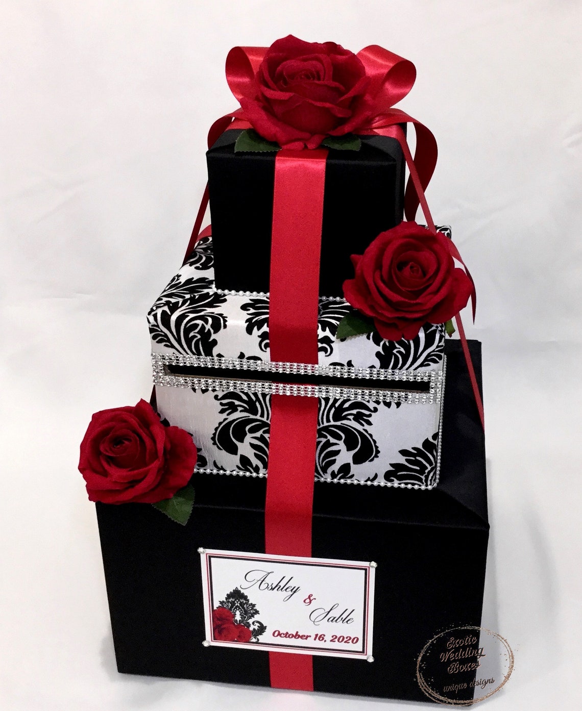 Black and White Damask Wedding Card Box Card Holder with Red image 1