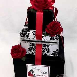 Black and White Damask Wedding Card Box, Card Holder with Red Roses