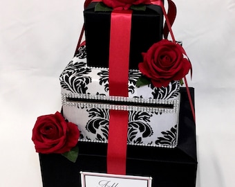 Black and White Damask Wedding Card Box, Card Holder with Red Roses