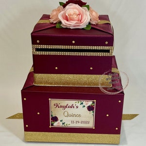 Caixa de cartão BORGONHA e OURO para Quinceanera, Doce 16, Casamento ou Qualquer Ocasião Especial
