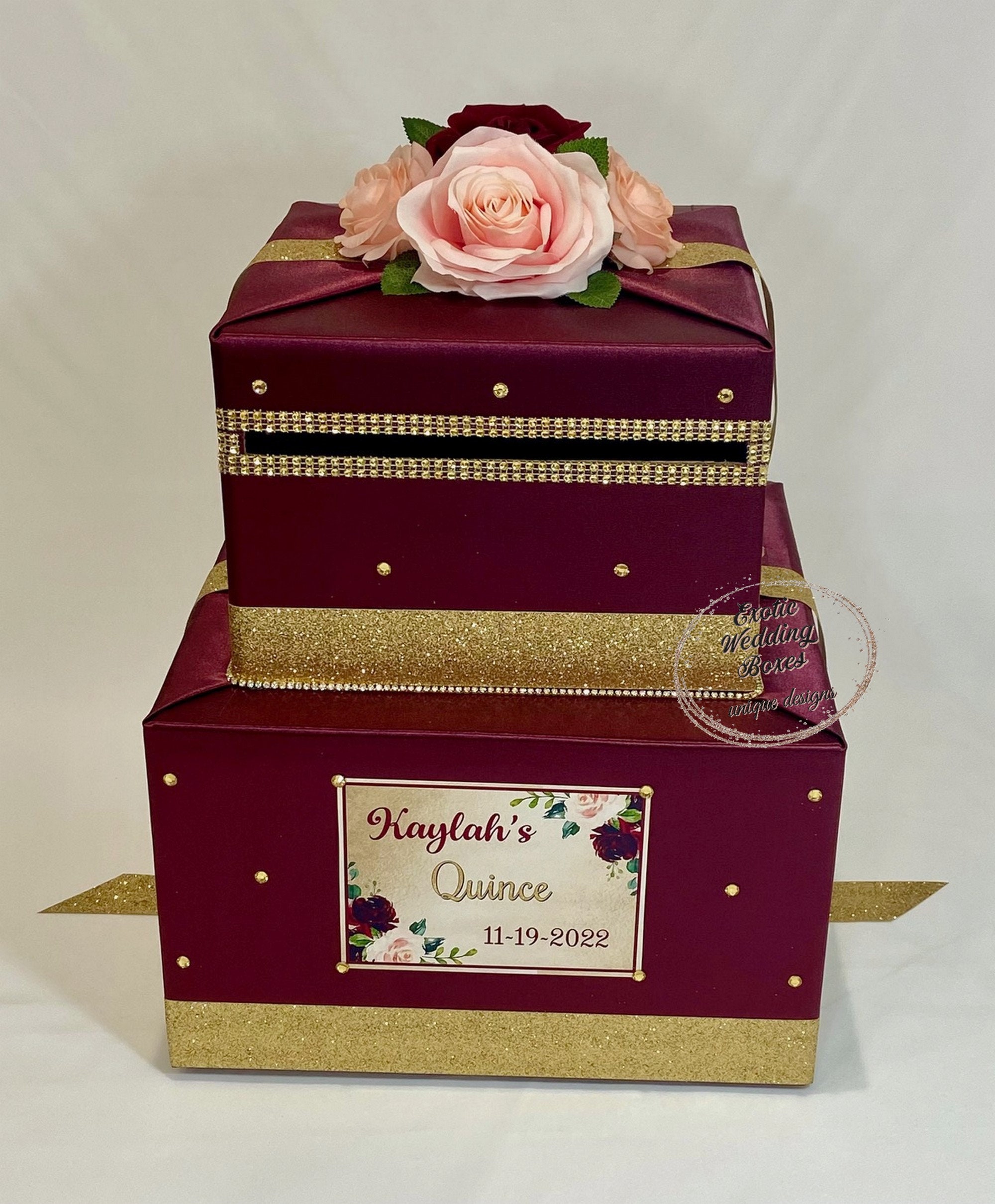 Burgundy & Gold Card Box – Elegant Wedding Keepsake With Silk Roses - Etsy
